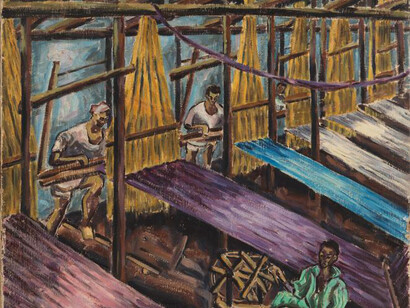 Inji Efflatoun, 'Textile Workers'. ca. 1955, Oil on canvas, 74.5 x 88.5 cm, Mathaf: Arab Museum of Modern Art Collection, Doha.