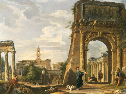 Giovanni Paolo Panini, El Foro romano con el Arco de Tito, con figuras y la colina capitolina al fondo