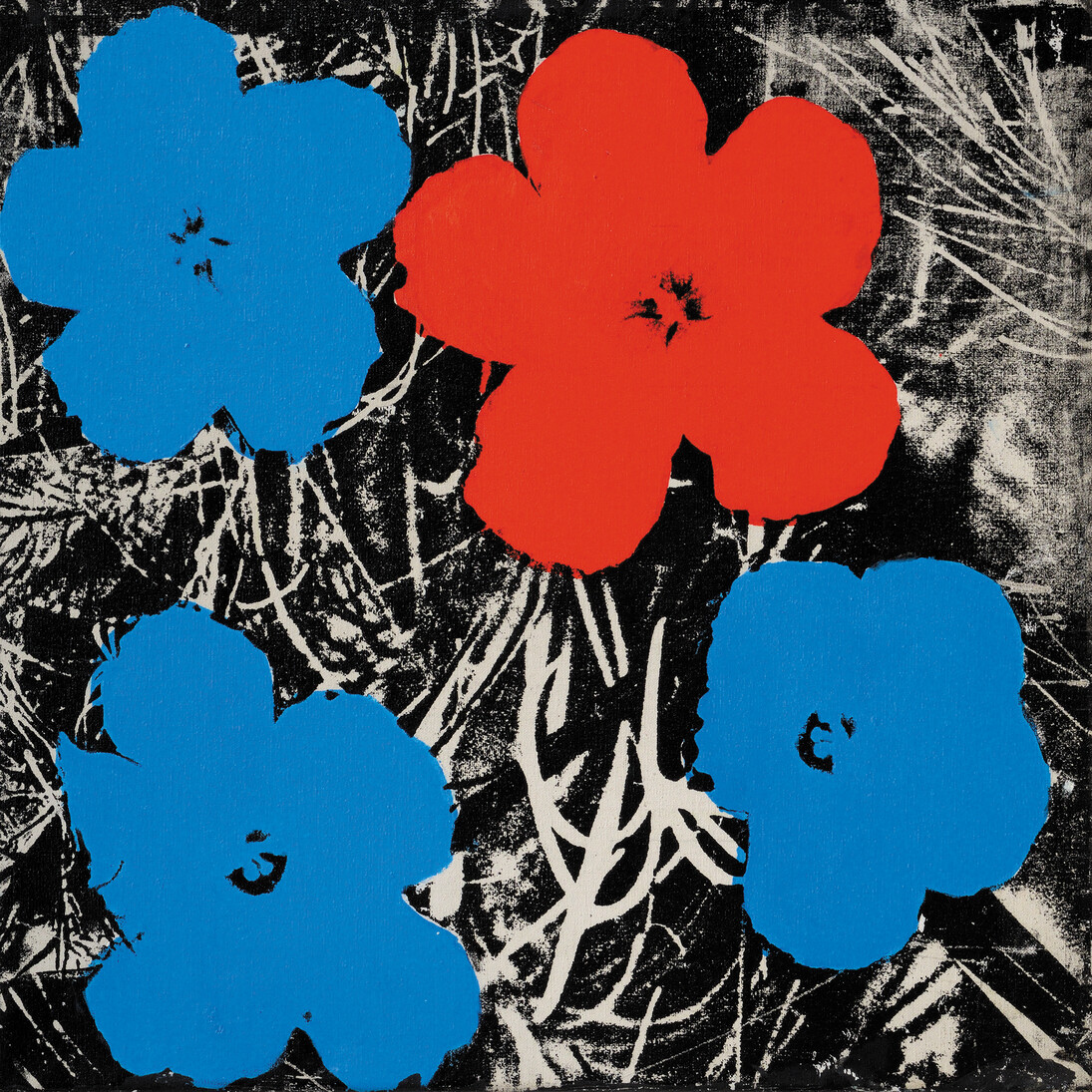 Sturtevant. Warhol Flowers. 1964–65. Synthetic polymer screenprint on canvas. 22 1/16 × 22 1/16″ (56 × 56 cm). Estate Sturtevant, Paris. Courtesy Galerie Thaddaeus Ropac, Paris–Salzburg. © Estate Sturtevant, Paris