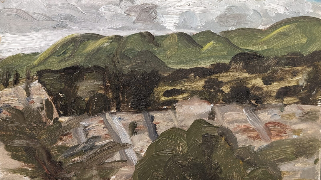 Oliver Hawk Golden, John McLaren from Bernal (detail), 2023. Oil paint on wood panel, 5 1/4 x 8 1/4 in, 13.3 x 21 cm. Courtesy of Eleanor Harwood Gallery