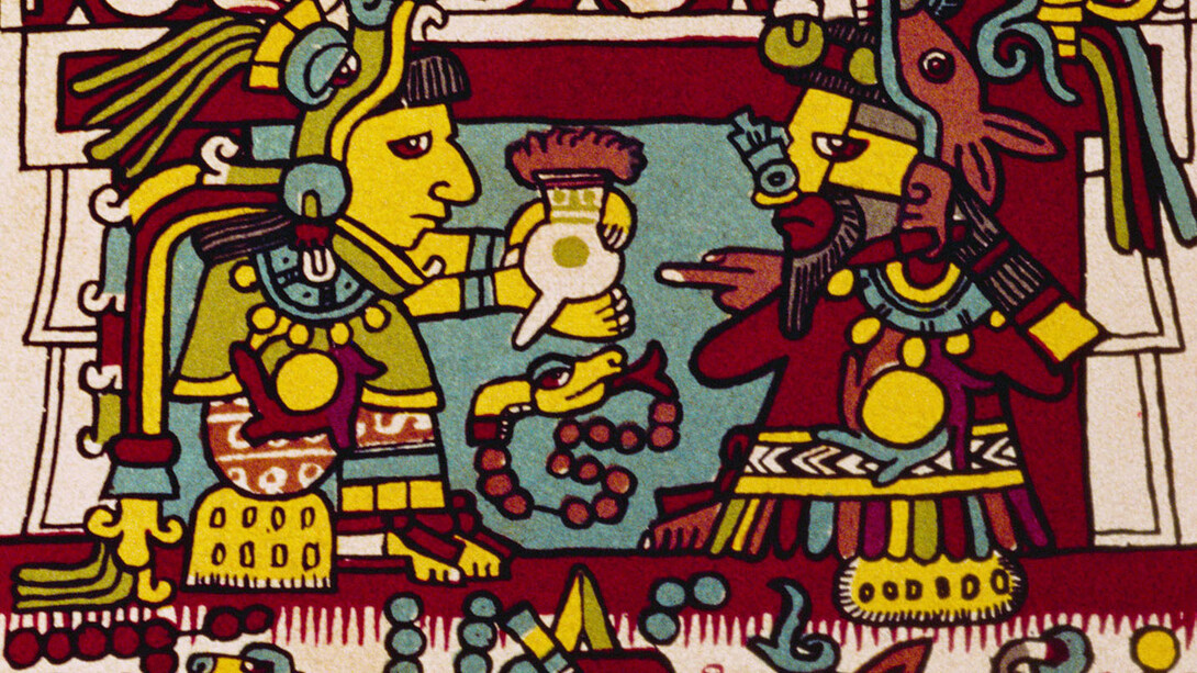 Copia de una ilustración del Códice Nuttall donde se representan dos reyes de la cultura mixteca compartiendo una bebida de chocolate