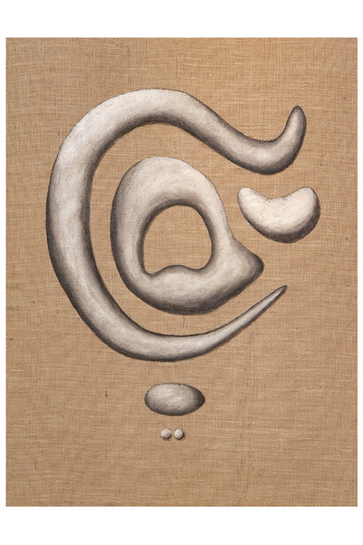 © Salomon Emquies, "Everyone Knows," 2023, acrylic on burlap, 48x36 inches. Courtesy the artist and Michael Kohn Gallery, LA