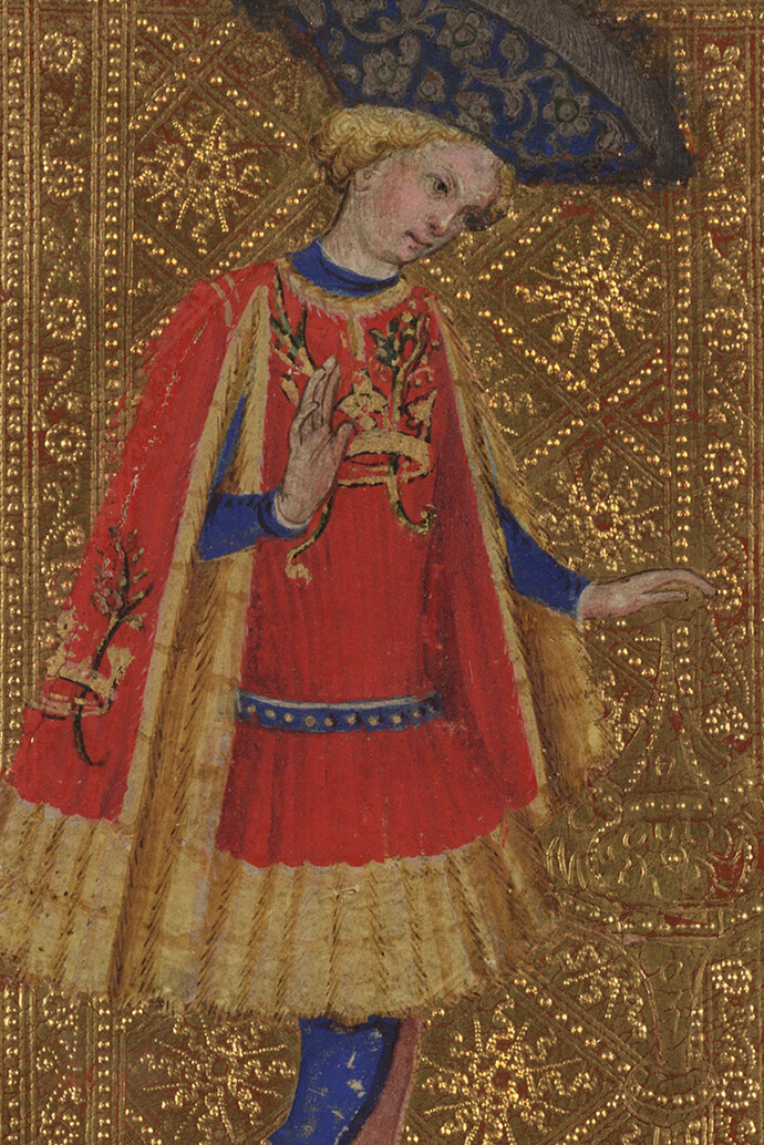 Knave of Cups, from The Visconti Tarot
Workshop of Bonifacio Bembo (Italian, active ca. 1442–77; d. before 1482)
Italian, Milan, ca. 1450
Paper (pasteboard) with opaque paint on tooled gold ground
7 ⅜ × 3 ½ in. (18.9 × 9 cm)
Beinecke Rare Book & Manuscript Library, Yale University,
New Haven, Connecticut (ITA 109)
Image: © Beinecke Rare Book and Manuscript Library, Yale University, New Haven