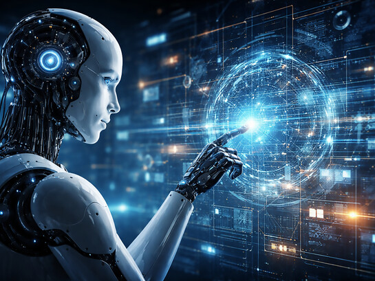 Futuristic humanoid AI analyzing complex data patterns, symbolizing the performative nature of machine intelligence