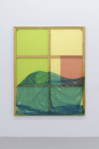 Matthew Darbyshire, Colour Composition n°1, 2014, Coloured vinyl on wooden stretcher bars, 120 x 150 x 4 cm, Courtesy: the artist, Galerie Jousse Entreprise, Paris & Herald Street, London