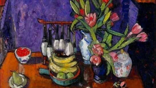 Archie Forrest, Chinese Brushes with Pink Tulips, Oil on linen, 30 x 40 ins