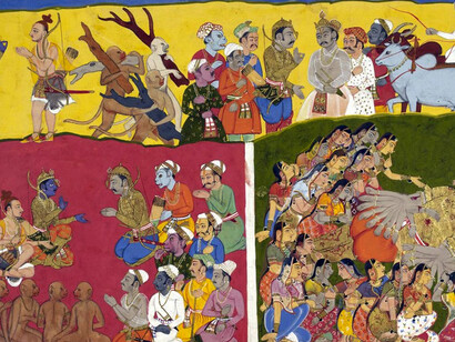 In the Mewar Ramayana, Vibhisana mourns the death of his brother Ravana as Rama instructs him to perform the funeral rites, while monkeys and demons prepare the pyre and Mandodari grieves beside Ravana’s body, depicted by Sahibdin in a composition rich with expressive gestures