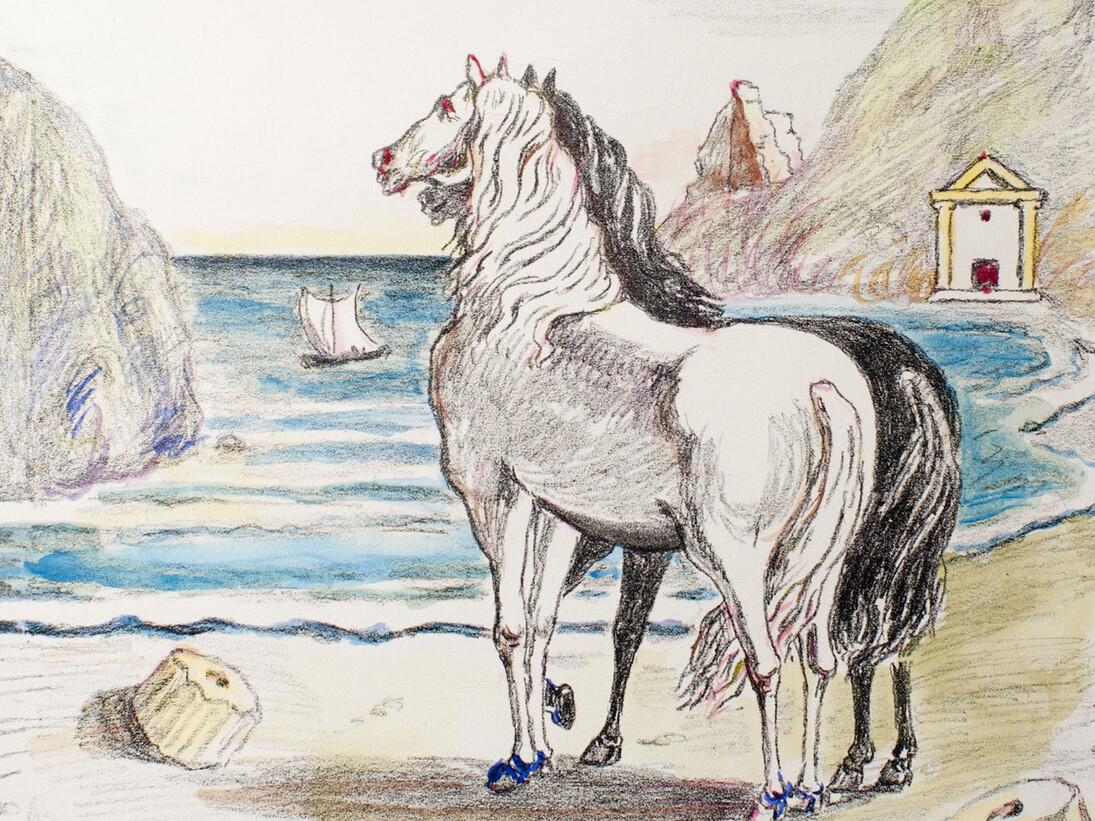 Giorgio de Chirico, Cavalli in riva al Tirreno, 1970. Litografia colorata a mano dall'artista. Courtesy of 29 Arts in Progress gallery