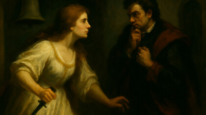 A haunting 18th-century-style painting of a grieving woman beside a midnight bell, symbolizing the tragic consequences of suspicion and false judgment