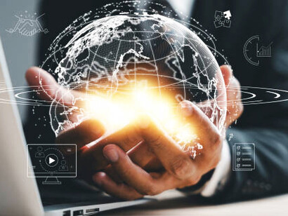 A businessman showcasing a global network connection, symbolizing the seamless integration of decentralized AI and blockchain technology