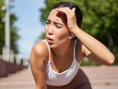 A young female runner pauses during her workout, exhausted and under pressure