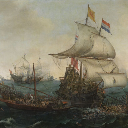 Hendrick Cornelisz Vroom, *Dutch Ships Ramming Spanish Galleys off the Flemish Coast in October 1602*, 1617    


