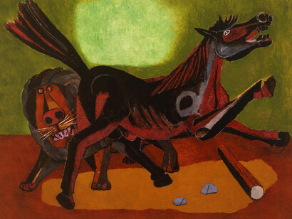 Rufino Tamayo, Lion and Horse [León y caballo], 1942, oil on canvas, 36 1/4 x 46 1/2 in. Mildred Lane Kemper Art Museum, Washington University in St. Louis, University purchase, Kende Sale Fund, 1946 © Tamayo Heirs/Mexico/Licensed by VAGA, New York, NY.