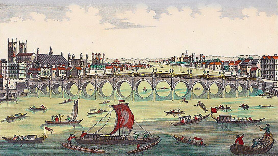 Vue du Pont de Westminster du Côte du Nord de Londres“ (London, Westminster Bridge); Copperplate print, colorized, printed by B. F. Leizelt, Augsburg, 2nd half of 18th century