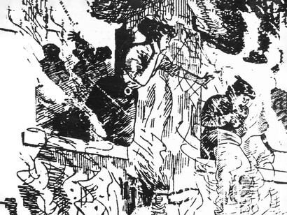 Dibujo que muestra a mujeres saltando del edificio en llamas durante el incendio del Triangle