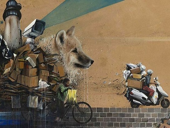 Optimist, “Seduced By Babylon” detail, acrylic on paper on aluminum and wood panel, 79″ x 25″