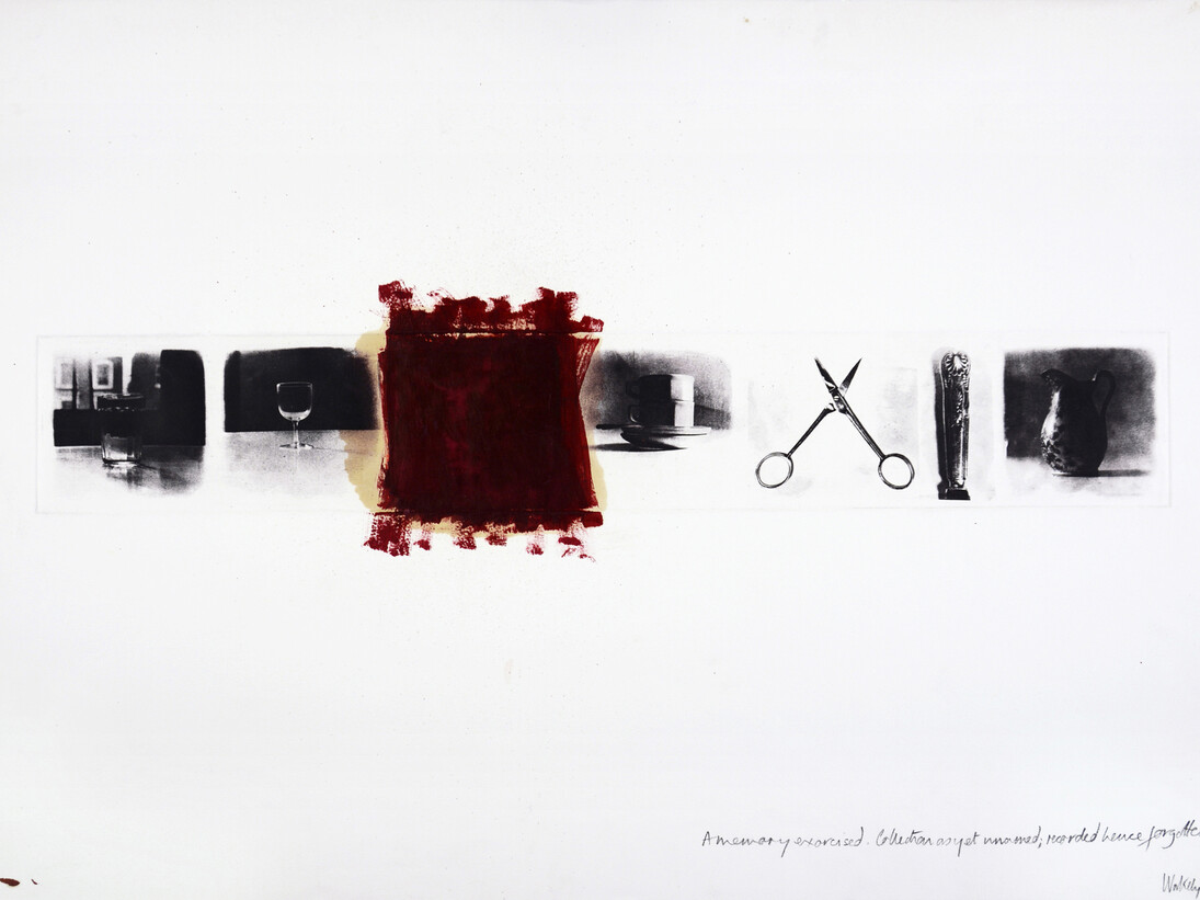 Shelagh  Wakely, A
memory
exercised.
Collection
as
yet
unnamed:
recorded
hence
forgotten,
1979, Etching
with
paint
(unique), 10.9
x
66.1
cm
image.
56.2
x
76
cm
sheet © Shelagh Wakely. Courtesy Richard
Saltoun Gallery and Shapero Modern