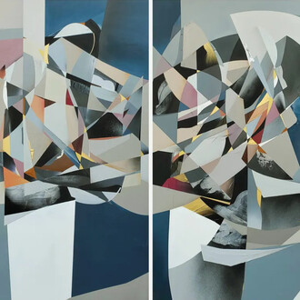Moises Ortiz, Masquerade, 2020, spraypaint, acrylic, oil and spray paint on canvas, 84x120x3 inches. Courtesy the artist and Pablo Bogdan Gallery

