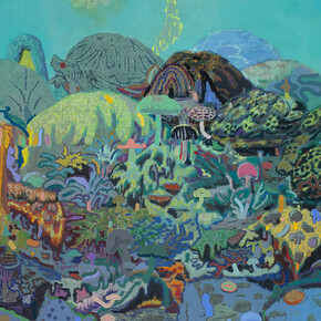 Leon Benn, 
The Reptilian Brain Likes Pizza,
2021,
Oil and fabric dye on linen,
48 x 64 inches (detail)