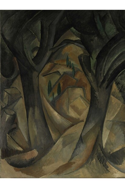 Georges Braque, Trees at L'Estaque, L’Estaque, summer 1908, Oil on canvas, 31 5/8 x 23 11/16 in. / 80.3 x 60.2 cm. Promised Gift from the Leonard A. Lauder Cubist Collection. © 2014 Artists Rights Society (ARS), New York / ADAGP, Paris