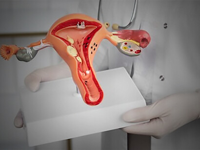 Uterus and ovary model grasped in hand: Informative anatomy illustration