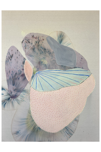 Kelsey Overstreet, Everything Just Wants To Be Enjoyed, acrylic, pigment, and embroidery, on raw canvas, 48x36 inches. Courtesy the artist and Gallery Lulo