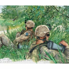 Steve Mumford. Far from relaxed, these Lima Co, 3/6 Marines on a patrol out of Camp Coutu, Marja, are watching for insurgent activity while an Explosives and Ordinance Demolition team defuses a large improvised explosive device meant for our patrol, 2010. Pencil and watercolor on paper. Courtesy of the artist and Postmasters Gallery, New York. © Steve Mumford