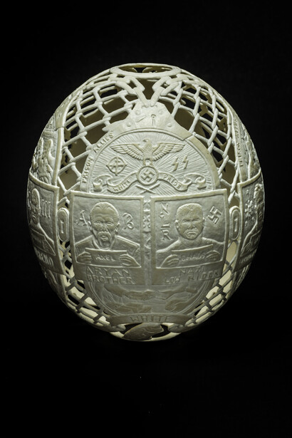 Gil Batle, 2015. Gang Chart II. Carved Ostrich Egg Shell. 6.5 x 5 x 5 in