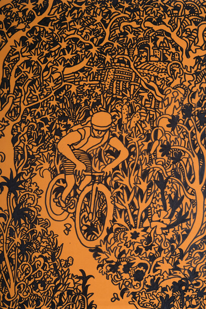Orange bikers, pennarello su cartoncino colorato, 70x50 cm, 2018
