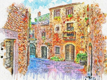 Illustrazione di un edificio: "C’è una biblioteca per grandi e piccini
che ha tanti libri tutti colorati..."