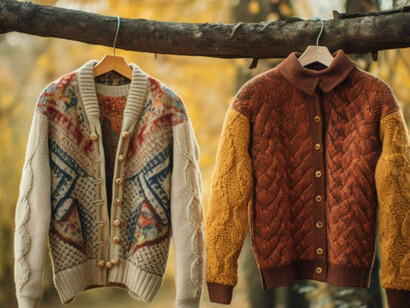 Woolen sweaters hanging on a tree, capturing the essence of a crisp autumn day