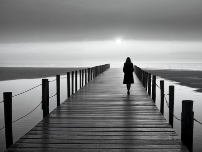 A woman walking along a neverending pier