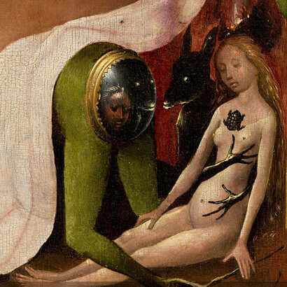 A soperba representada *sub forma* de uma jovem mulher no *Jardim das delícias terrenas* de Hieronymus Bosch, ca. 1490-1510