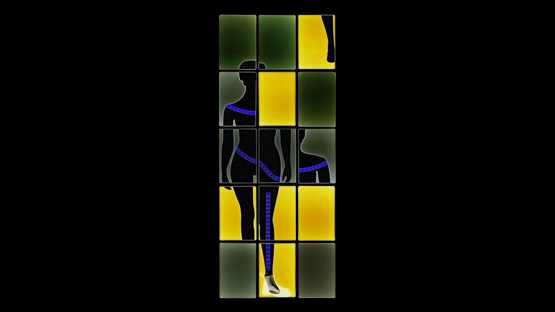 Sara Greenberger Rafferty,
An Audience (Yellow Variation), 2024,
Laminated Inkjet print,
80 × 36 inches. Courtesy of the artist and Document Chicago | Lisbon