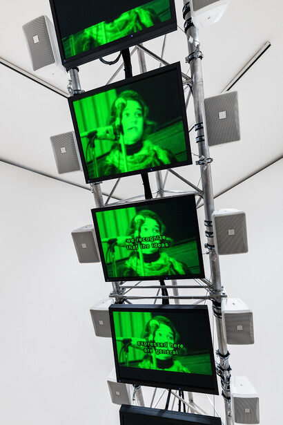 Dara Birnbaum, Transmission Tower: Sentinel, 1992, (Detail). 8-channel color video, 5-channel stereo audio, 2 sections of Rohn steel transmission tower, plus custom-designed hardware and brackets. Courtesy of the artist and Marian Goodman Gallery. Photo credit: Alex Yudzon
