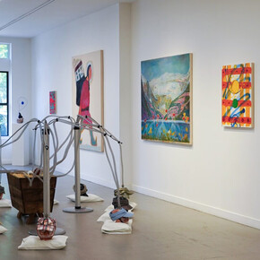 Randi Shandroski, Katherine Bradford, Colin Brant, Rick Briggs, mosie romney, Christmas in July, exhibition view. Courtesy of Andrew Rafacz