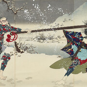 Toyohara Kunichika, Ichikawa Danjūrō IX as Kyūmonryū and Ichikawa Sadanji I as the flower priest Rochishin in the kabuki play 'Suikoden', Japan, 1886. Courtesy of Museum Rietberg