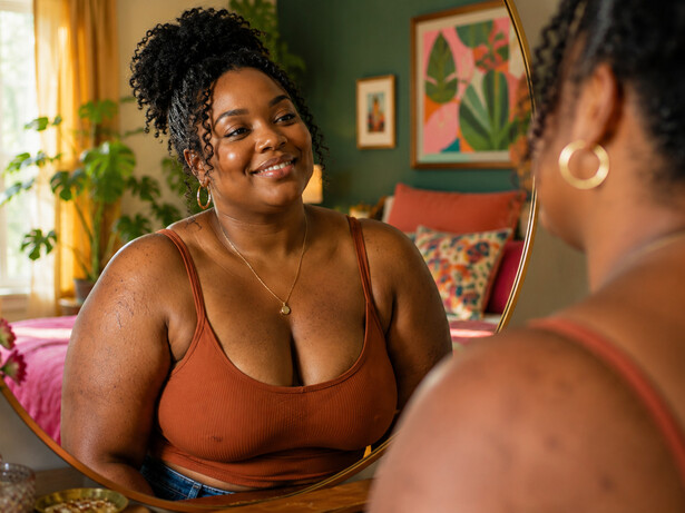 A woman meeting her own gaze with kindness, reflecting the beauty of self-awareness rooted in acceptance