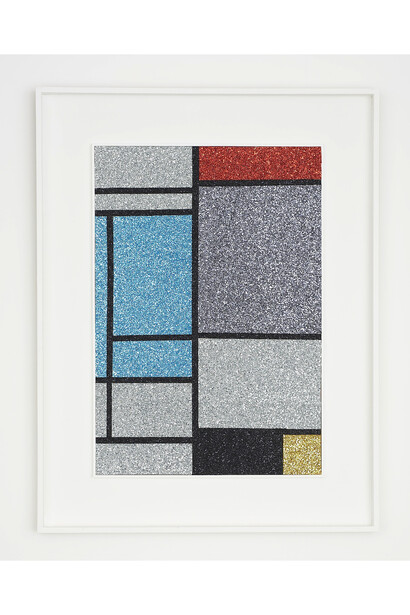 Corinne Felgate, Composition with Red, Blue, Black, Yellow and Gray, 2014, fabric & glitter on board, Image: 76 x 52.4cm, Framed: 102 x 79cm