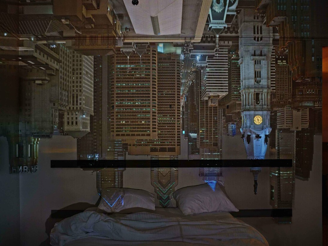 Abelardo Morell, Camera Obscura: Night View of Philadelphia from Loews Hotel Room #3013, April 14th, 2014 ©Abelardo Morell/Courtesy of Edwynn Houk Gallery, New York