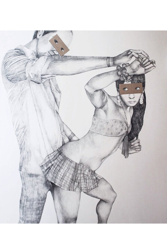 Inés Tolentino, "Dos tígueres bailando",  2014, lápiz carbón y cartón sobre papel, 120 x 80 cm