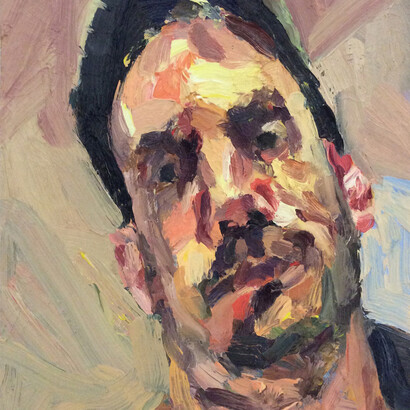 Tim Benson, Self portrait with hat, lamplight, oil on board, 12 inches x 10 inches