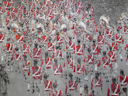 Ena Swansea, Scottish marching band, 2017, oil and acrylic on graphite on linen, 228.6 x 289.6 cm. (90 x 114 in.)