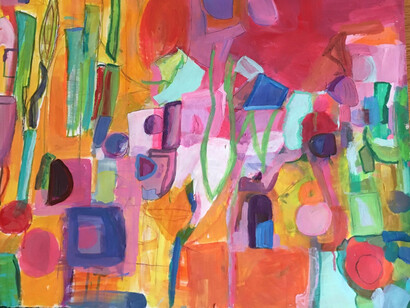 Elizabeth Cody, Pink Pushing Orange, acrylic on paper, 22.5x30 inches. Courtesy of the artist and The Pleiades Gallery