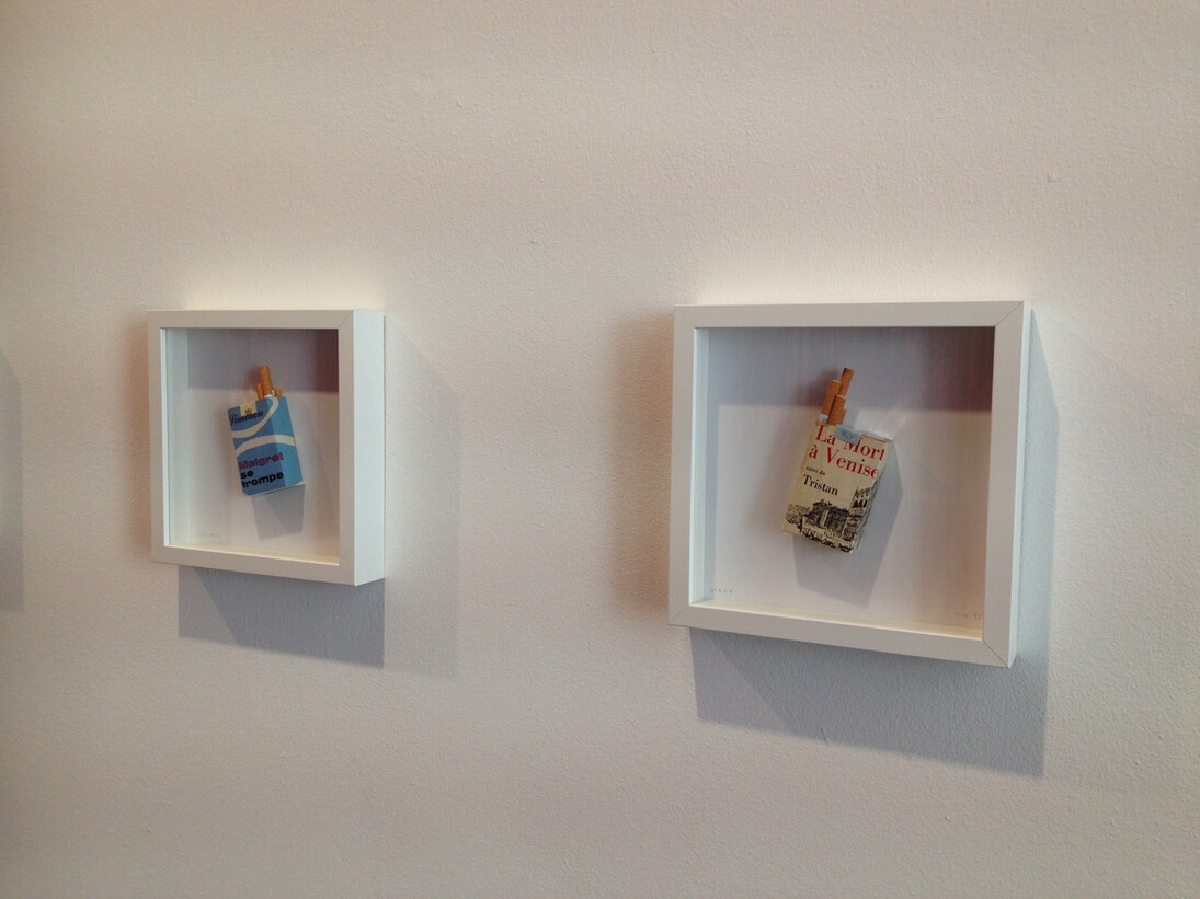 Peter Wüthrich, Literary smoke, 2015, several cigarettes, Bookcovers, framed, each 32 x 32 cm