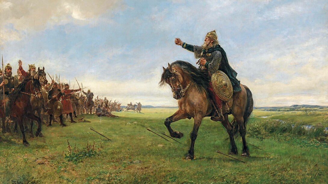 Gizur che sfida gli Unni, secondo il poema eroico antico norreno Hlöðskviða, dipinto di Peter Nicolai Arbo, 1886