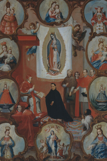 Miguel Cabrera (atribuido). La proclamación pontificia del patronato de la Virgen de Guadalupe sobre el reino de la Nueva España. c 1756. Óleo sobre lámina de cobre. 57.9 x 43.4 x 0 cm. Museo Soumaya.Fundación Carlos Slim