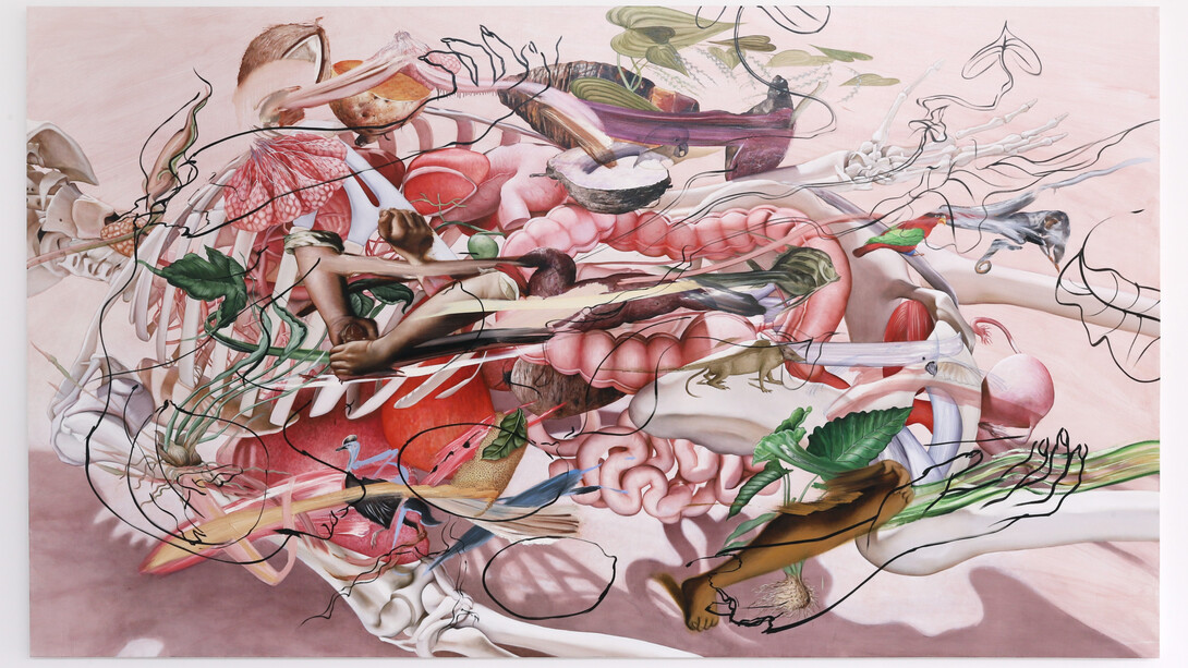 Kei Imazu, Blossoming Organs, 2023, oil on linen, 78 3/4x137 3/4x1 5/8 inches, courtesy of the artist and ROH Projects, Jakarta. Courtesy of Jessica Silverman, San Francisco