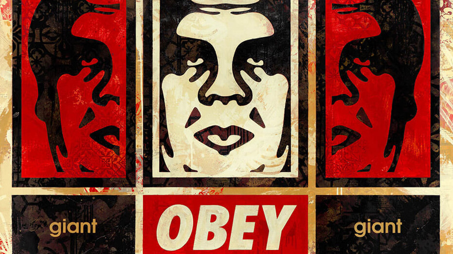 Shepard Fairey, 3 face horizontal (Red/yellow), 2024. Courtesy of Harman Projects