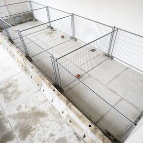 Giovanni Termini, La misura di un intervallo, 2022. Cemento, ferro zincato, palloni da basket / Concrete, galvanized iron and basketballs. Installation, variable size Galleria ME Vannucci, Pistoia